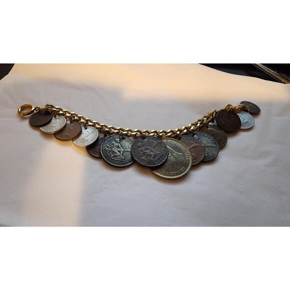 Vintage 1960s 14-Coin Charm Bracelet - Unique Foreign Coin Charms - Picture 1 of 5